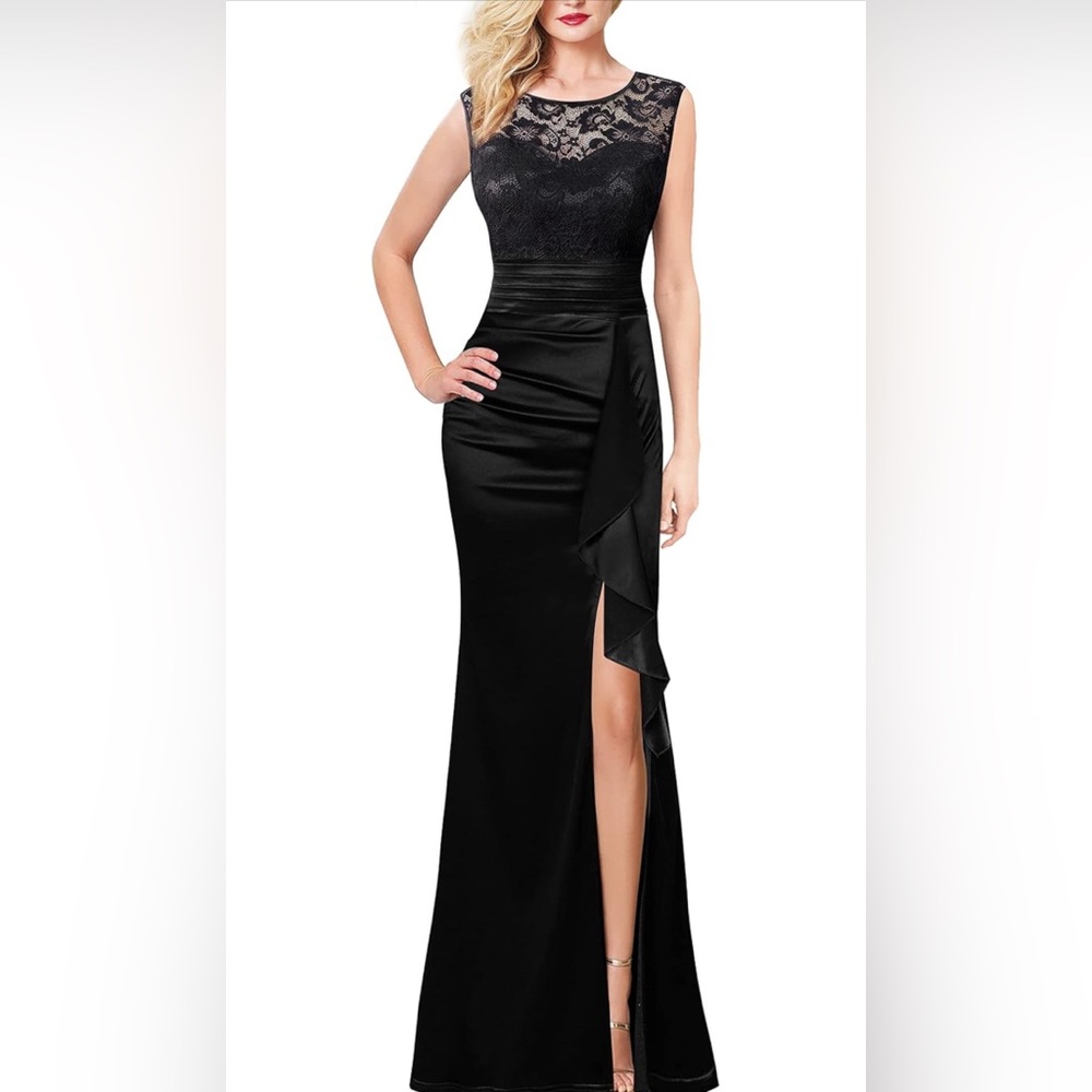 VFSHOW Womens Formal Ruched Ruffles Evening Prom Wedding Party Maxi Dress